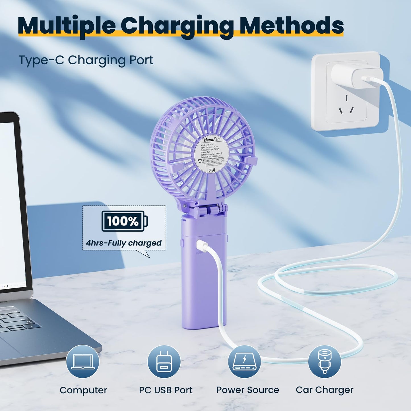 HandFan 5200mAh Handheld Fan Rechargeable, 20H Runtime Hand Fan, 3 Speeds Strong Airflow, Personal 180° Foldable Portable Fans for Travel/Summer/Concerts/Lash/Commute, Gifts for Women (Purple)