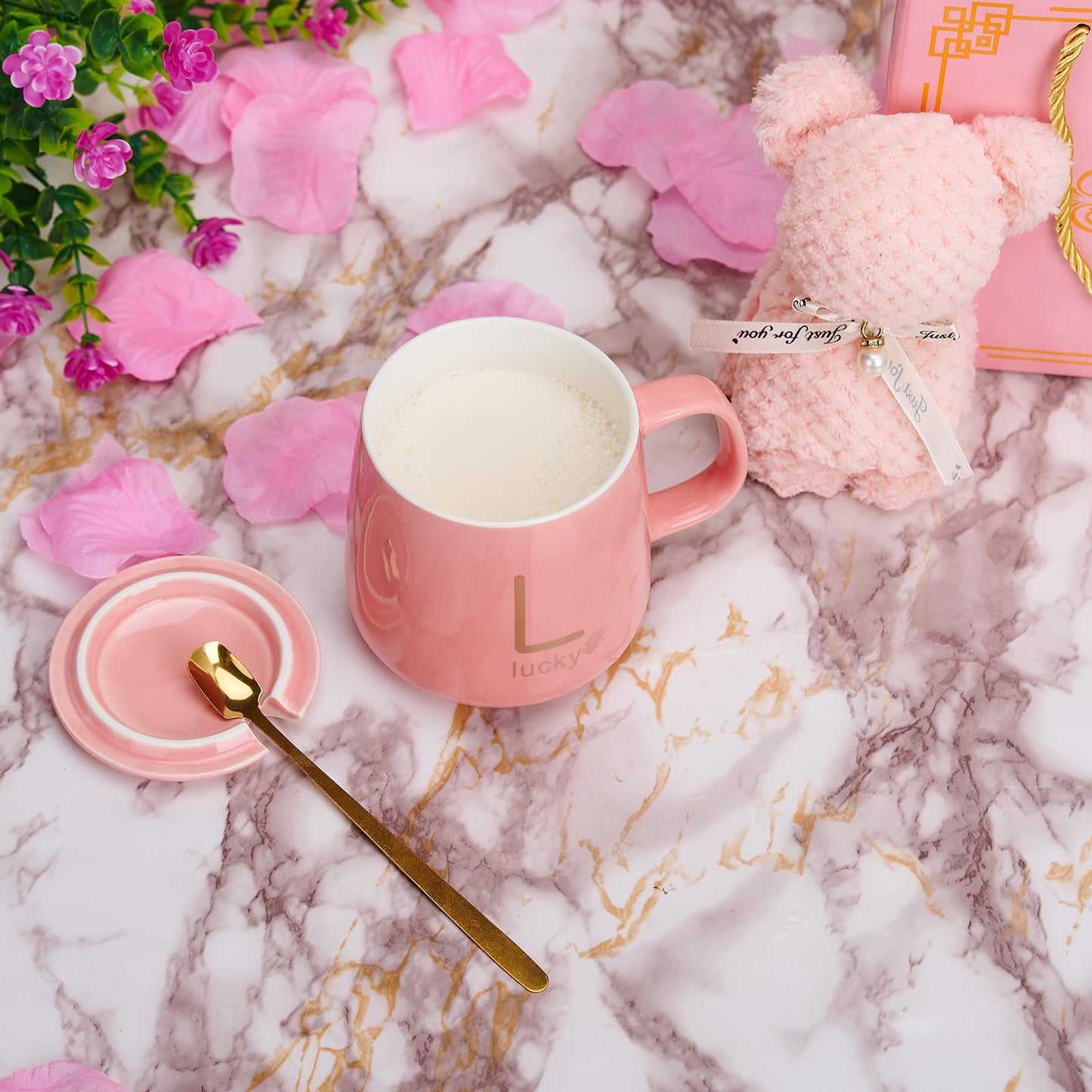 ISHINE Ceramic Coffee Mug and Bear Gift Set, 11oz Bride Newlywed Anniversary Honeymoon Wedding Christmas Birthday Gifts for Best Friend Sister (Pink)