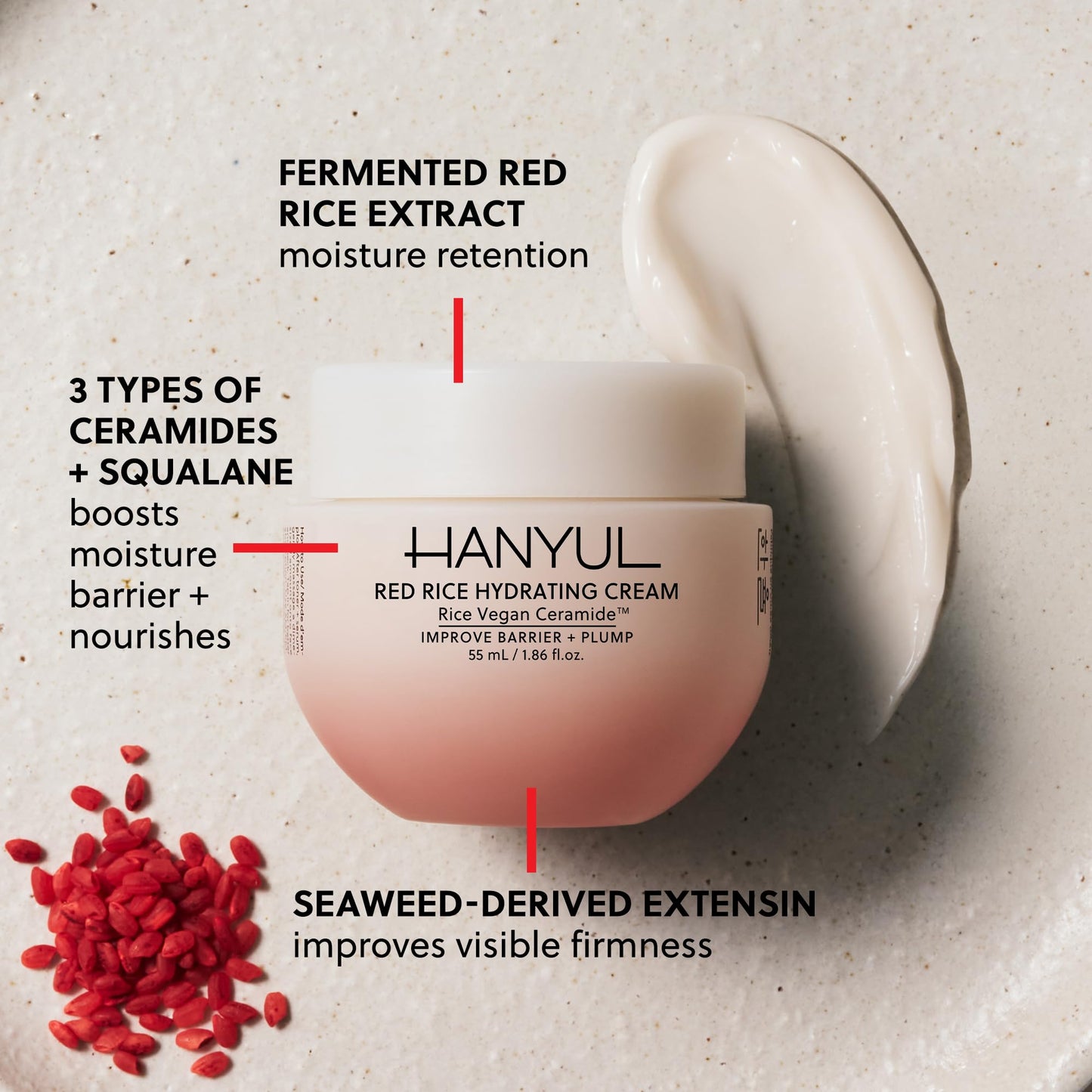 Hanyul Red Rice Hydrating Cream with Fermented Rice Extract, Collagen | Korean Vegan Ceramide Moisturizer for Deep Hydration, Radiant Skin Glow, Firming & Barrier Support, 1.86 fl. oz.