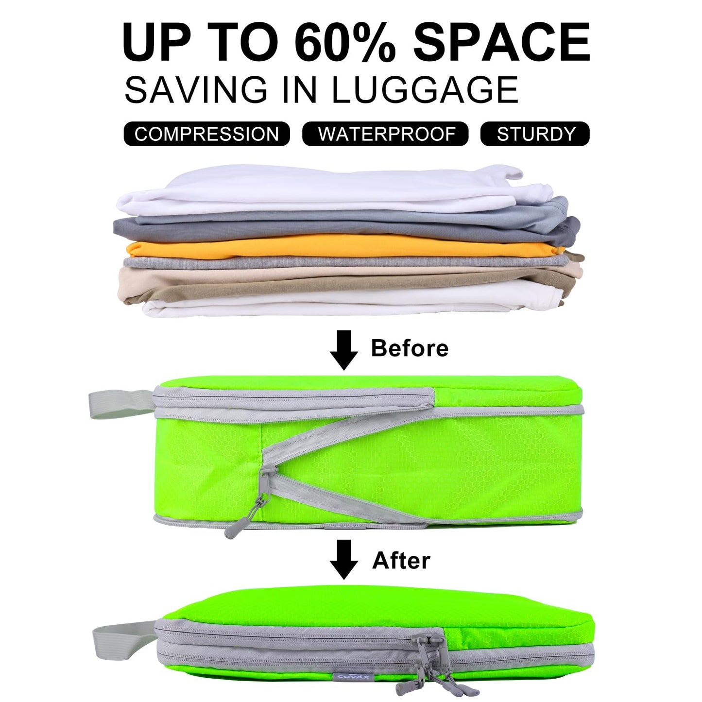 COVAX 4 Set Compression Packing Cubes, Travel Luggage Organizers and Storage Packing Cubes, Fluorescent Green