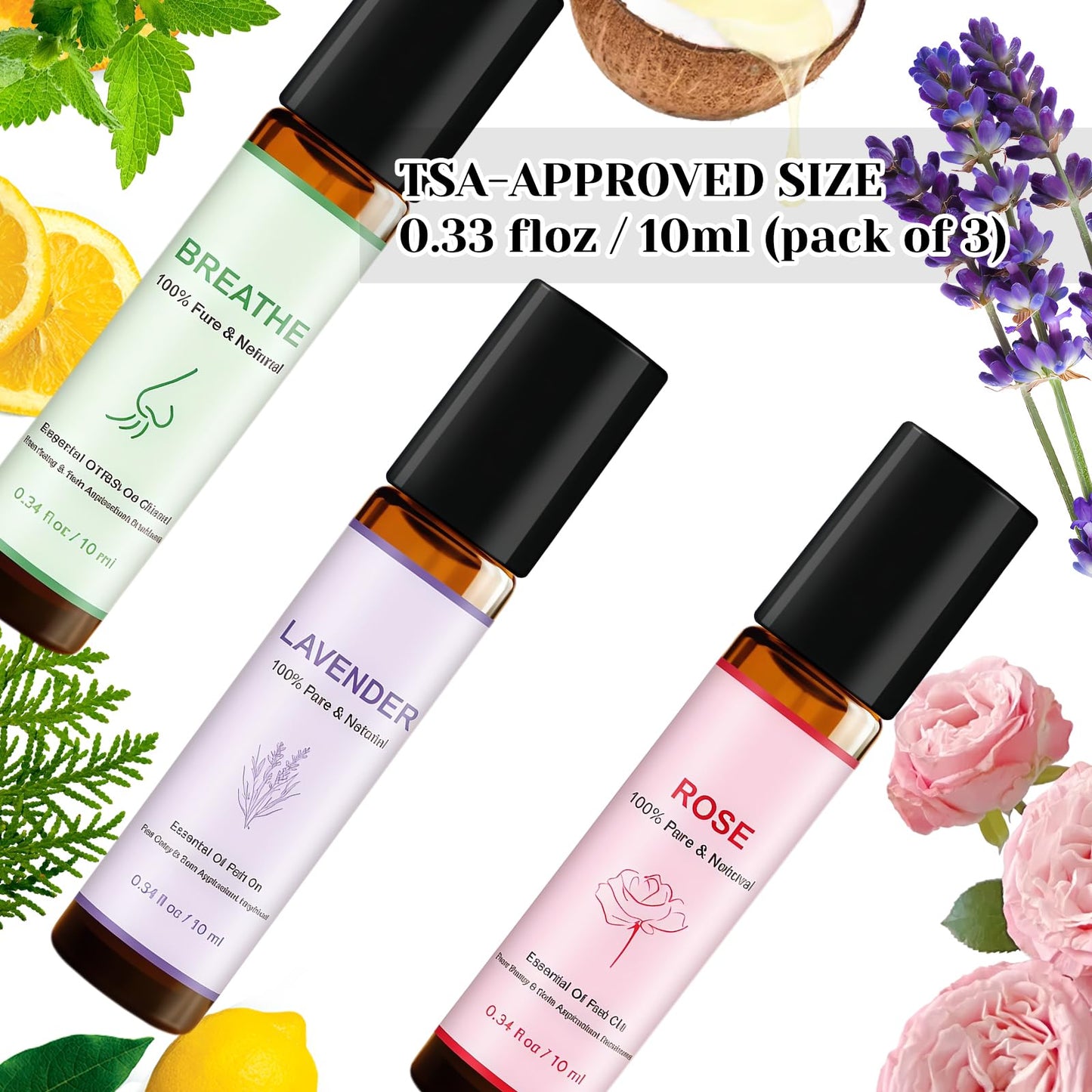 Coastacloud Essential Oils Blend Roll On Set of 3, Essential Oil Roller for Skin, Natural Aromatherapy Oils - Self Care Gifts for Women, Men, Nurse Essentials (Lavender, Breathe, Rose)