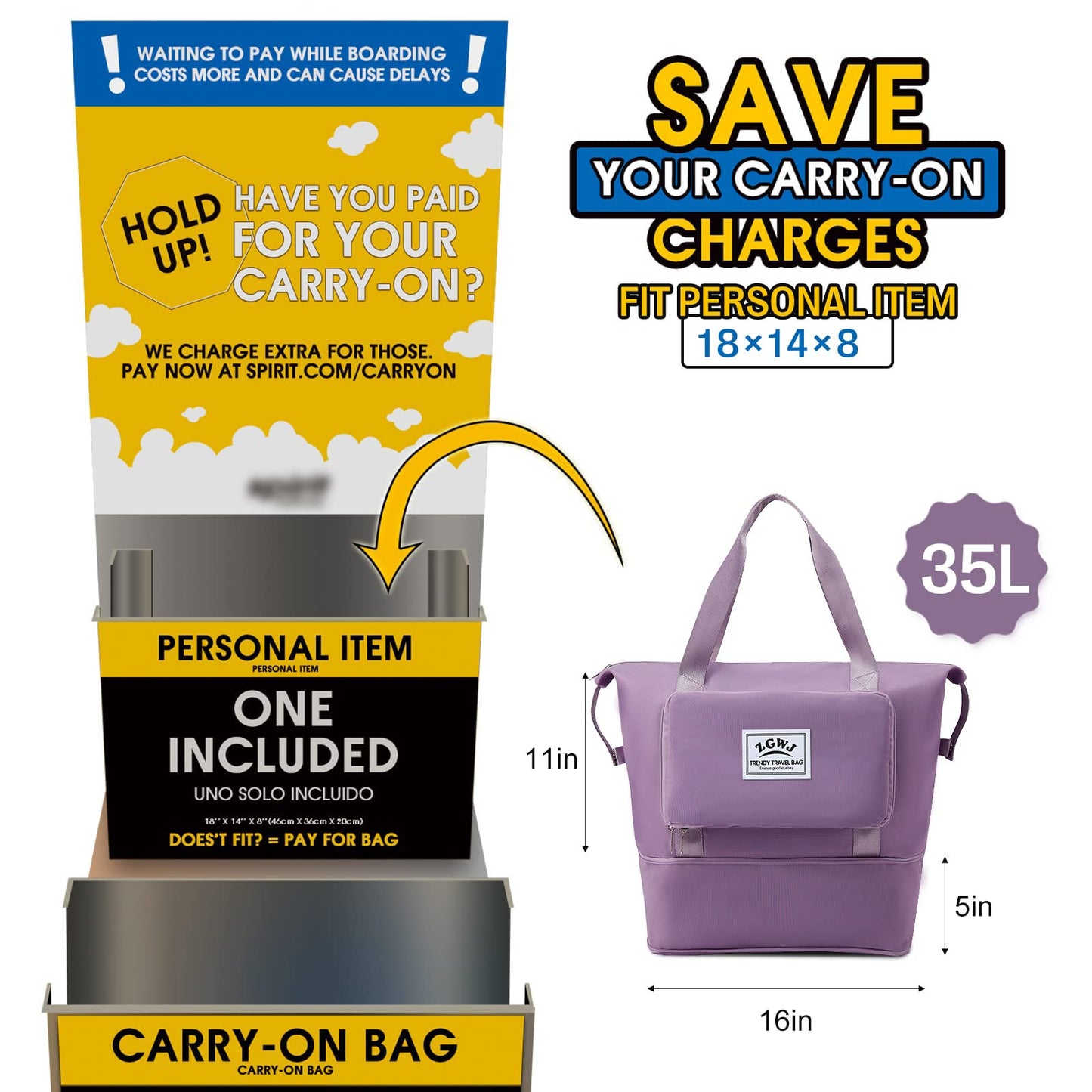 Expandable Travel Tote Bag for Women - Foldable Overnight Weekender, Carry-On, Hospital & Workout Bag - Fits Spirit Airlines Personal Item Size - Lightweight & Durable with Trolley Sleeve, Purple