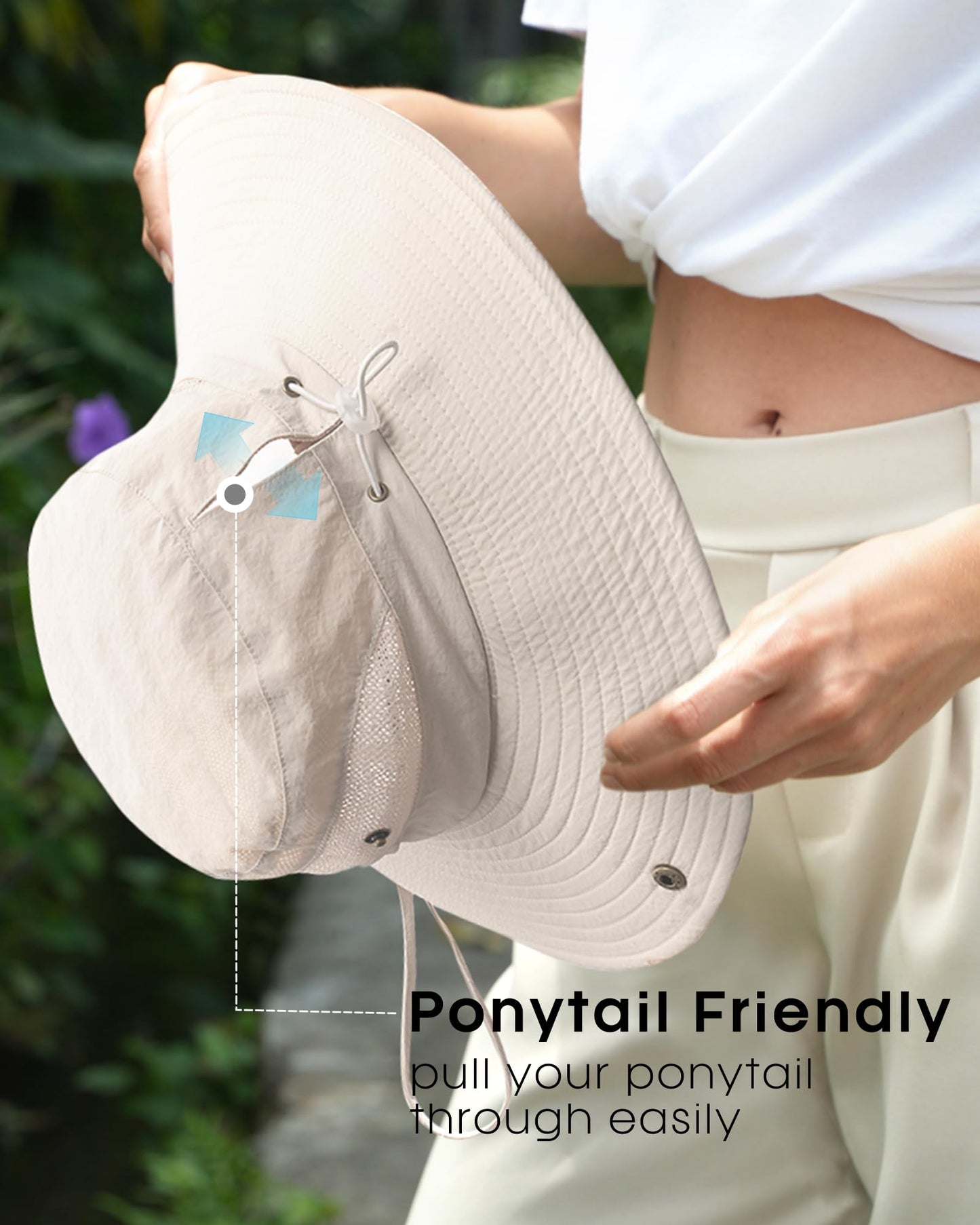 FURTALK Womens Sun Hat Beach Summer Wide Brim UPF 50+ Outdoor Protection Foldable Lightweight Ponytail Bucket Hat Beige, One Size