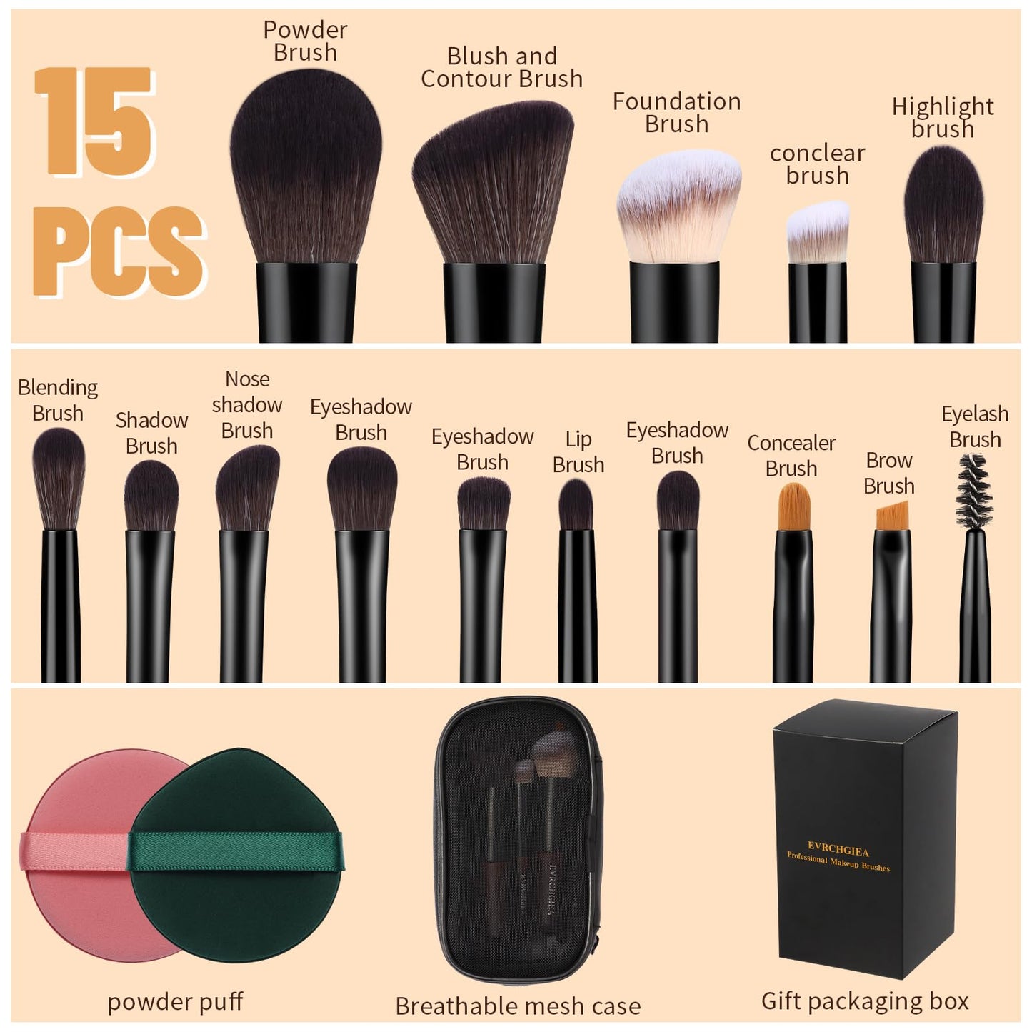 Travel Makeup Brush Set, 15 pcs Mini Makeup Brushes and 2 Puff for Foundation, Powder, Eyeshadow, Highlight, Contour, Blush & Concealer, Small Makeup Brush Set Purse Size with Case