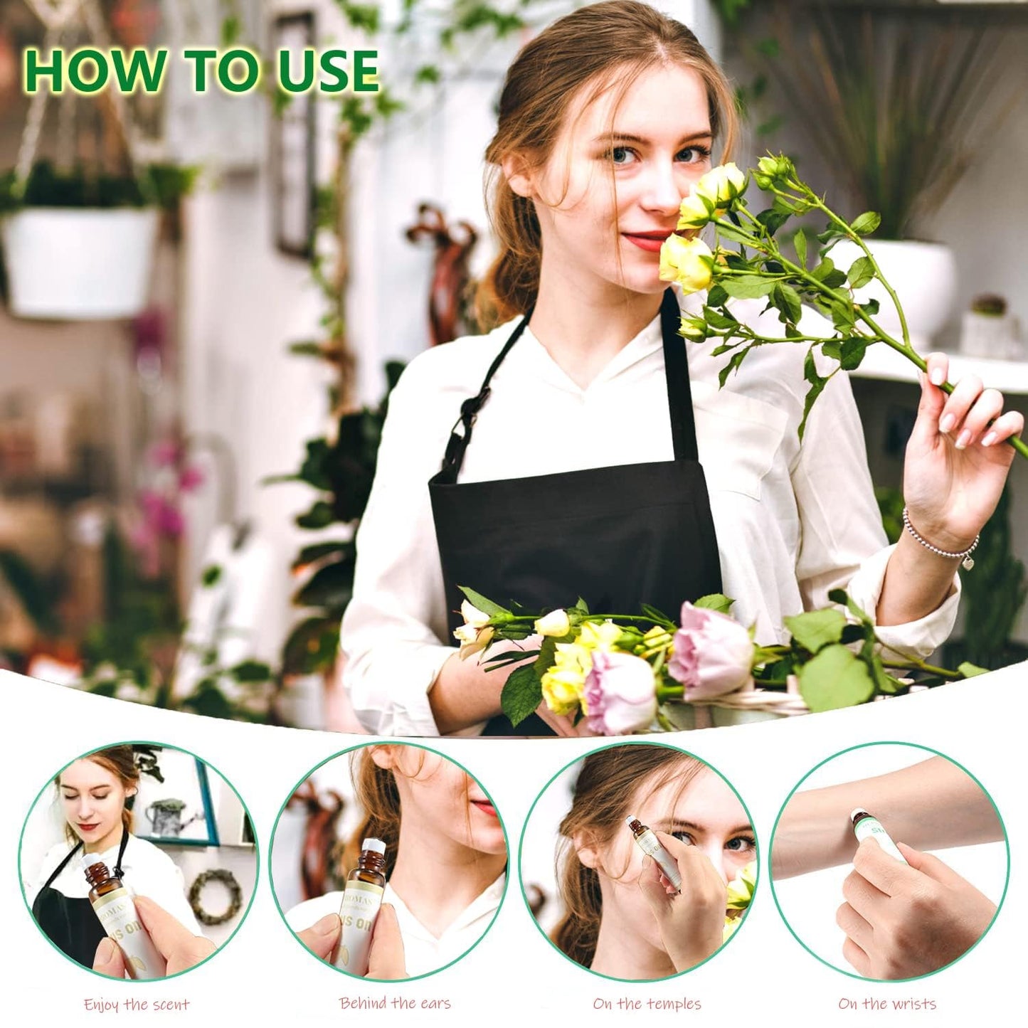 HERBROMAS Aromatherapy Oils Roller Set, Natural Pre-diluted Essential Oils Roll On with Glass Rollerball, Relaxation Gift for Women & Men, Christmas Gift, Pack 4 x 0.33fl.oz