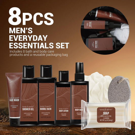 Body & Earth Bath and Body Wash Sets for Men - 8pcs Spa Baskets Mens Birthday Gifts Sandalwood, Self Care Kit, Husband Men Father's Day Gifts