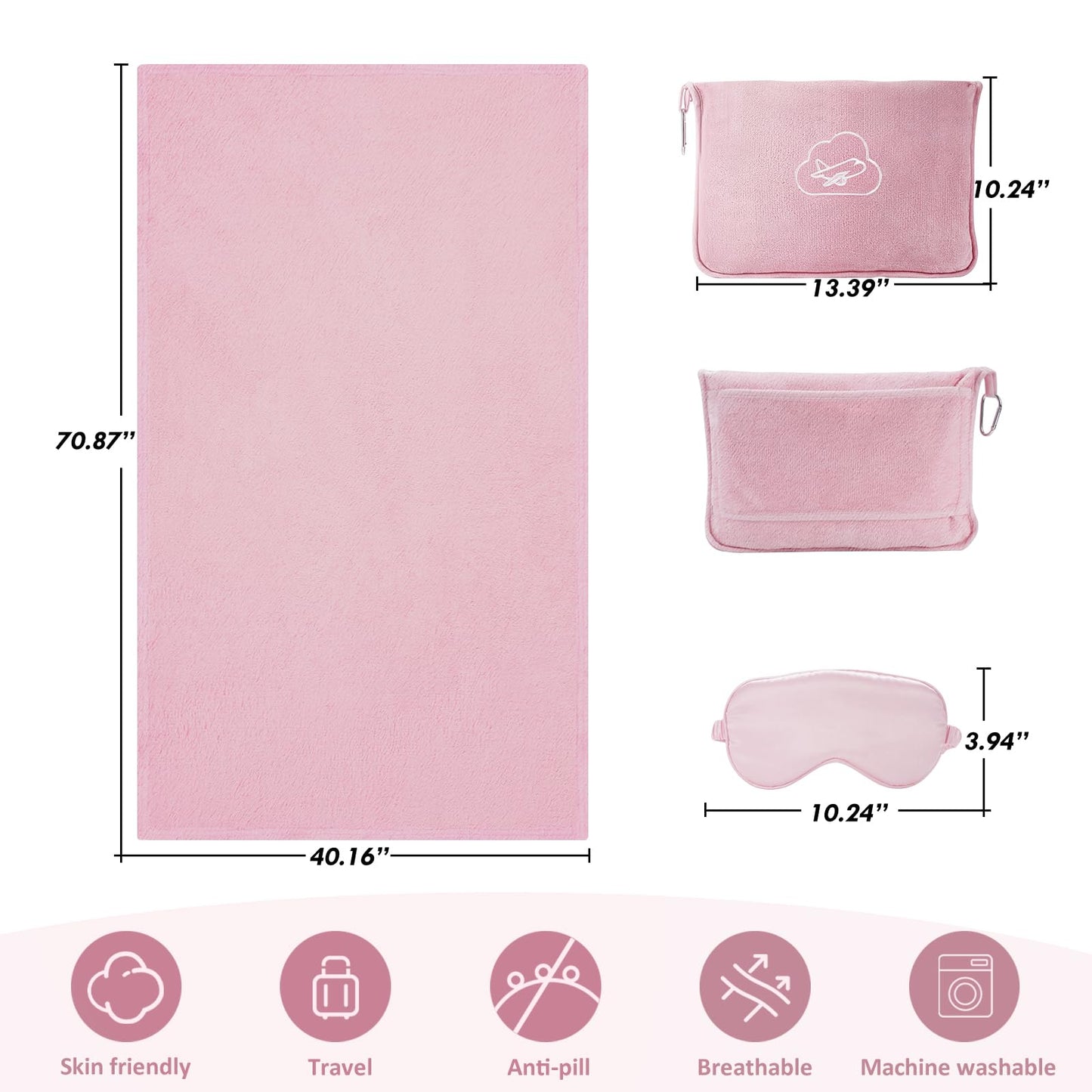 ENZOLVE Travel Blanket, Airplane Blanket with Bag, Ultra-Soft, Warm & Lightweight, 65x40 in, Outdoor Blanket Essentials for Women, Men & Kids, Included Eye Mask, Luggage Sleeve & Backpack Clip