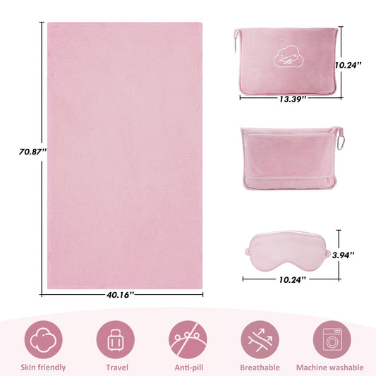 ENZOLVE Travel Blanket, Airplane Blanket with Bag, Ultra-Soft, Warm & Lightweight, 65x40 in, Outdoor Blanket Essentials for Women, Men & Kids, Included Eye Mask, Luggage Sleeve & Backpack Clip