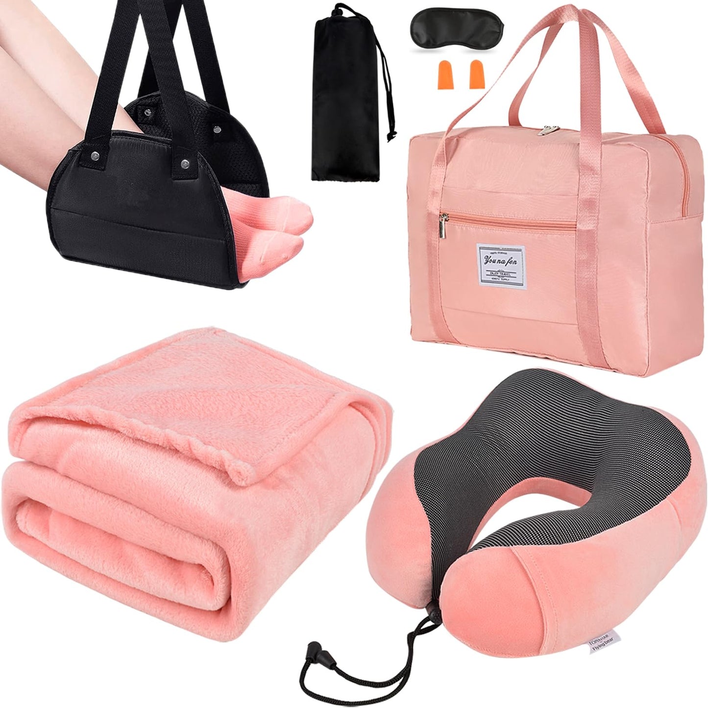 Travel Pillow and Blanket Set & Foot Rest, Memory Foam Neck Pillow Airplane Blanket & Airplane Foot Hammock & Foldable Duffel Bag, Eye Mask & Earplugs, Portable Travel Accessories Essentials, Pink