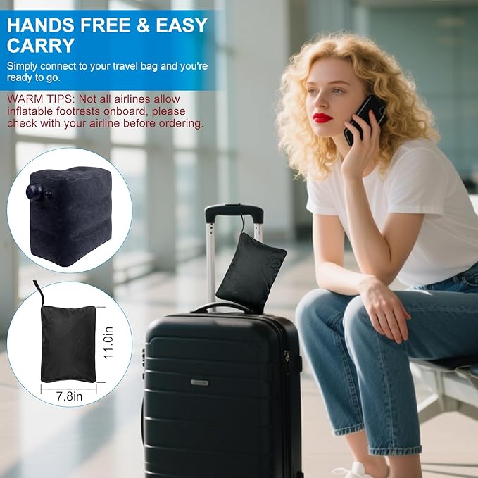 Inflatable Foot Rest Pillow for Travel,2 Pack Travel Foot Rest for Airplane Flights, Car Seat Foot Rest Pillow with Pump & Storage Bag Suitable for Office,Airplane,Train,Cars,Home (2Pack Navy)