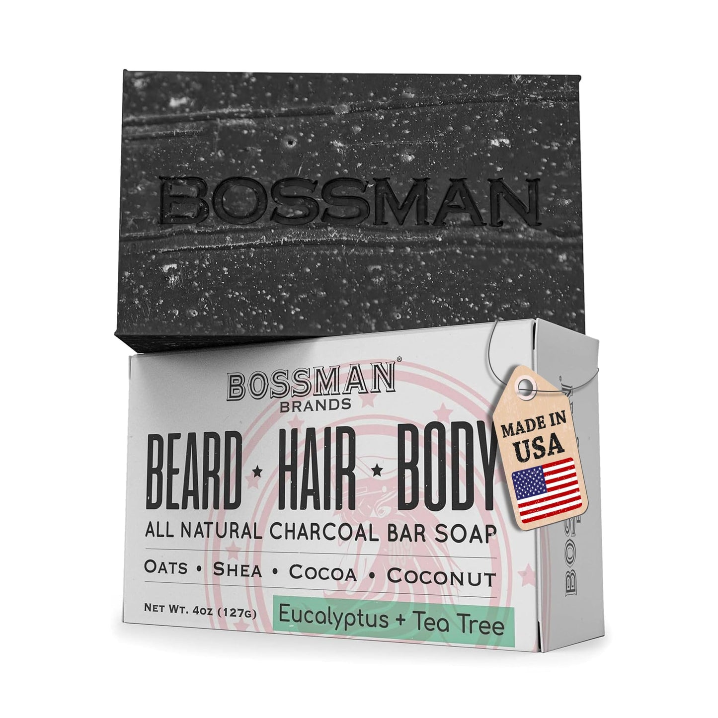 Bossman 4-in-1 Bar Soap for Men (4 oz) – All-Natural Beard Wash, Shampoo, Body Wash & Shaving Soap – Eucalyptus & Tea Tree Scent