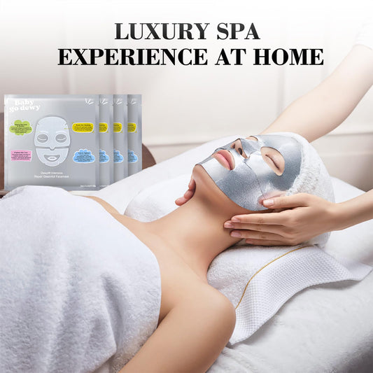 Baby Go Dewy Bio-Collagen‑Peptide Face Mask Sheets – Gleam Foil Intensive Overnight Hydrate Face & Neck Masks for Moisturizing, Firming & Lifting Care – 8 Count(4 Face Masks + 4 Neck Masks)