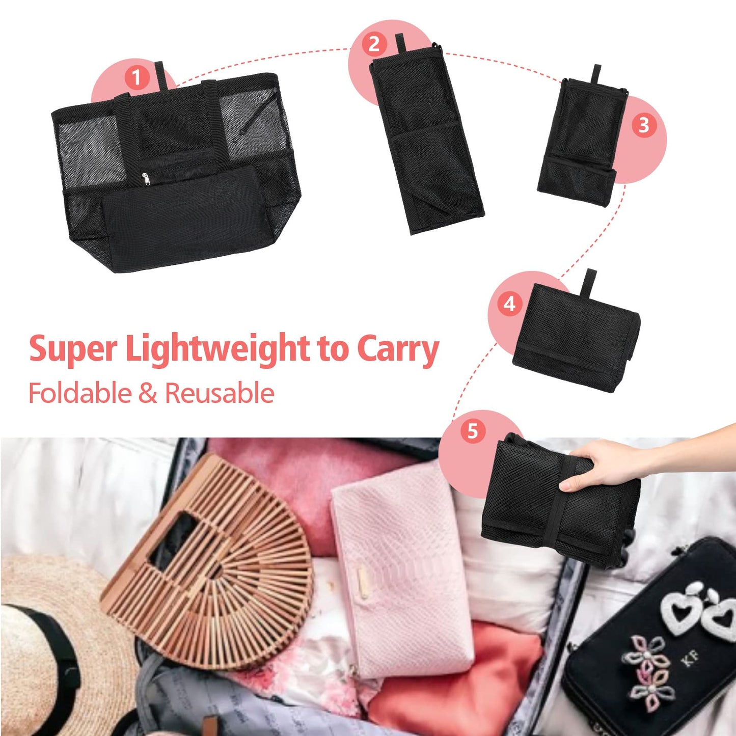 F-color Foldable XL Mesh Beach Bag, 9-Pockets Lightweight Beach Bag for Women with Bottom Waterproof-Sandproof for Pool Travel Grocery Black