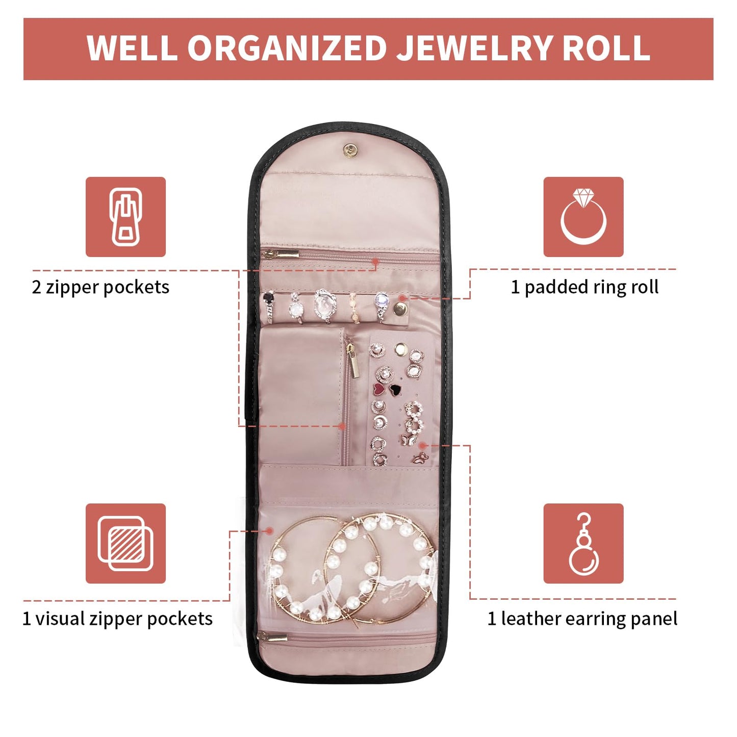 SUNRISING Travel Jewelry Organizer Case for Women, Foldable Jewelry Roll Pouch Bag with Portable Design for Journey Rings, Necklaces, Earrings, Bracelets, Mini - Black