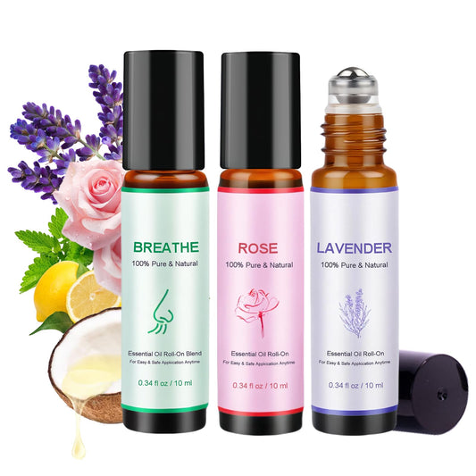 Coastacloud Essential Oils Blend Roll On Set of 3, Essential Oil Roller for Skin, Natural Aromatherapy Oils - Self Care Gifts for Women, Men, Nurse Essentials (Lavender, Breathe, Rose)
