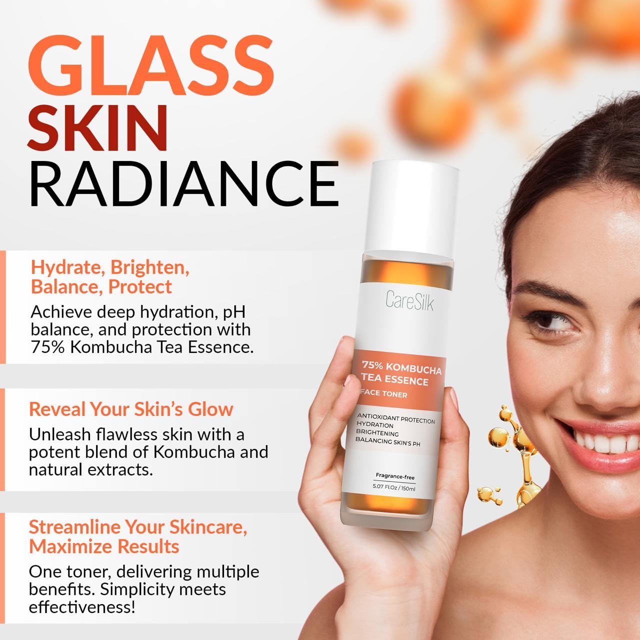 Caresilk Kombucha Tea Essence Face Toner - Fermented Black Tea Hydrating Essence Skincare Gel Cream - Ceramide Regulation Barrier Serum + Hyaluronic Acid & Niacinamide