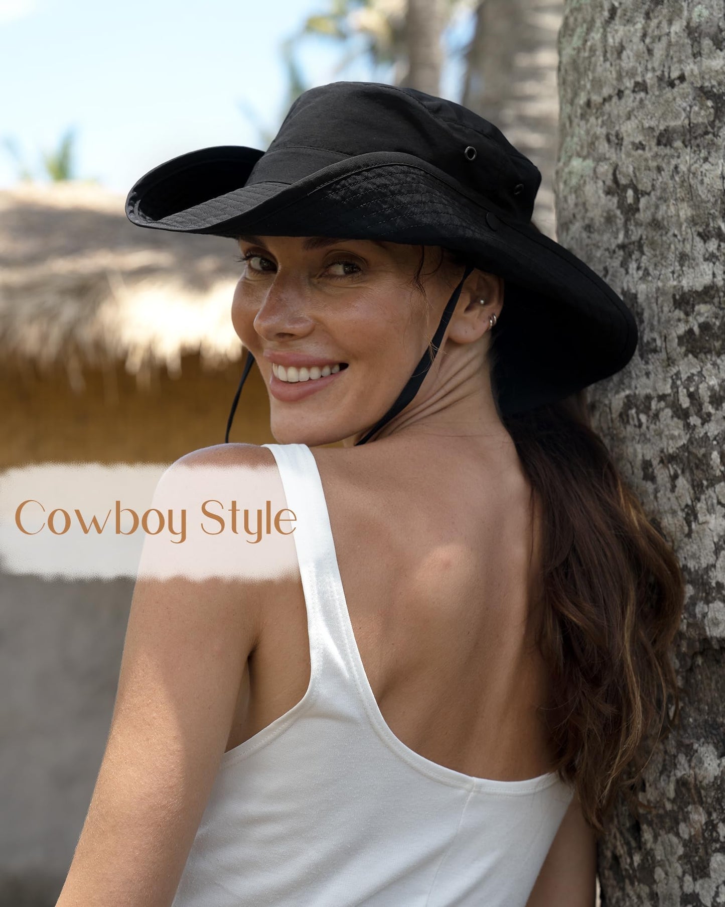 FURTALK Sun Hats for Women Ponytail UPF 50+ Beach Summer Hat Wide Brim Packable Cowboy Hat Pure Black