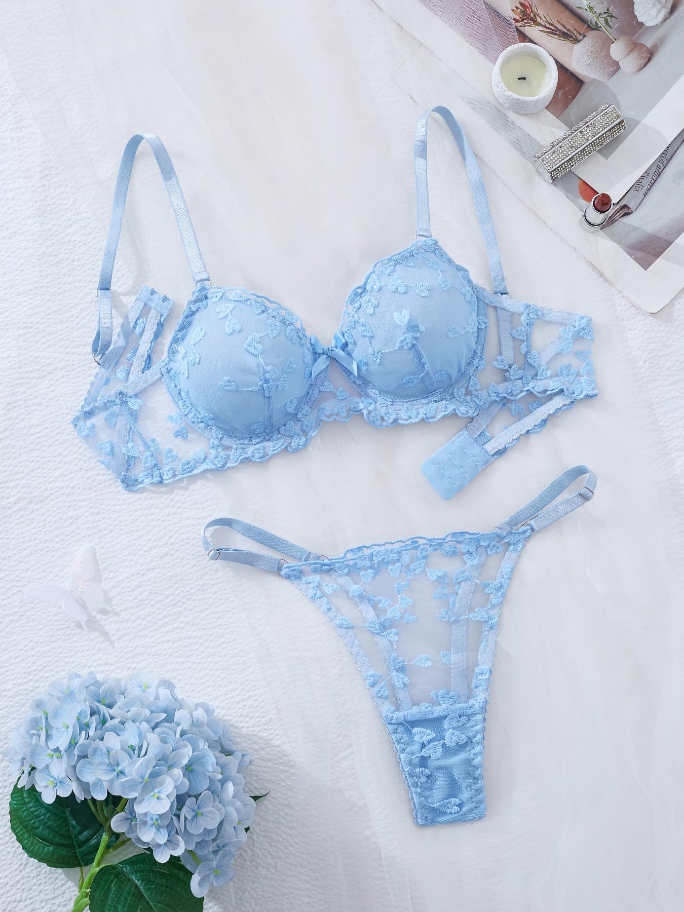 Aimedalis Sexy Strappy Embroidered Mesh Lingerie For Women Cute Underwire Push Up Bra And Panty Set Good Gifts For Wife (A Light Blue M)