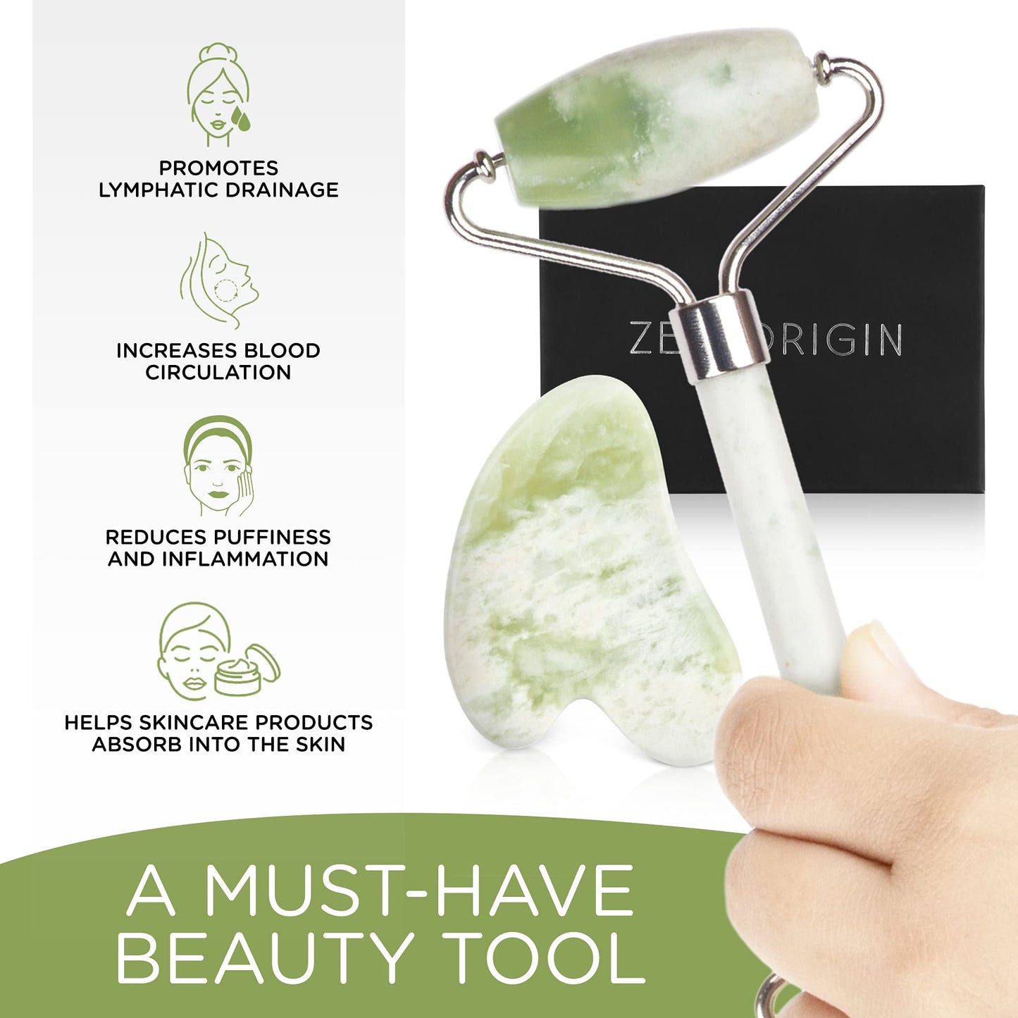 Jade Roller and Gua Sha Set - 100% Natural Jade Stone Face Roller, Dual Sided Massage Roller Stimulates Blood Flow, Relieves Stress, Reduces Signs of Aging, Travel Pouch Included, Gift Box