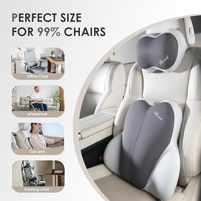 FLORICH Lumbar Support with Car headrest Back Pillow for Chairs Headrest Pillow for Car Ergonomic Ultrathick Memory Foam Back Pillow for Office Chair (Grey)