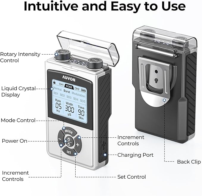 AUVON Rechargeable Digital TENS Unit Muscle Stimulator with 600 mAh Battery, TENS Machine with 8 Customizable Modes, Electric Massager for Shoulder, Back Pain Relief, 6 TENS Pads, A Carry Case