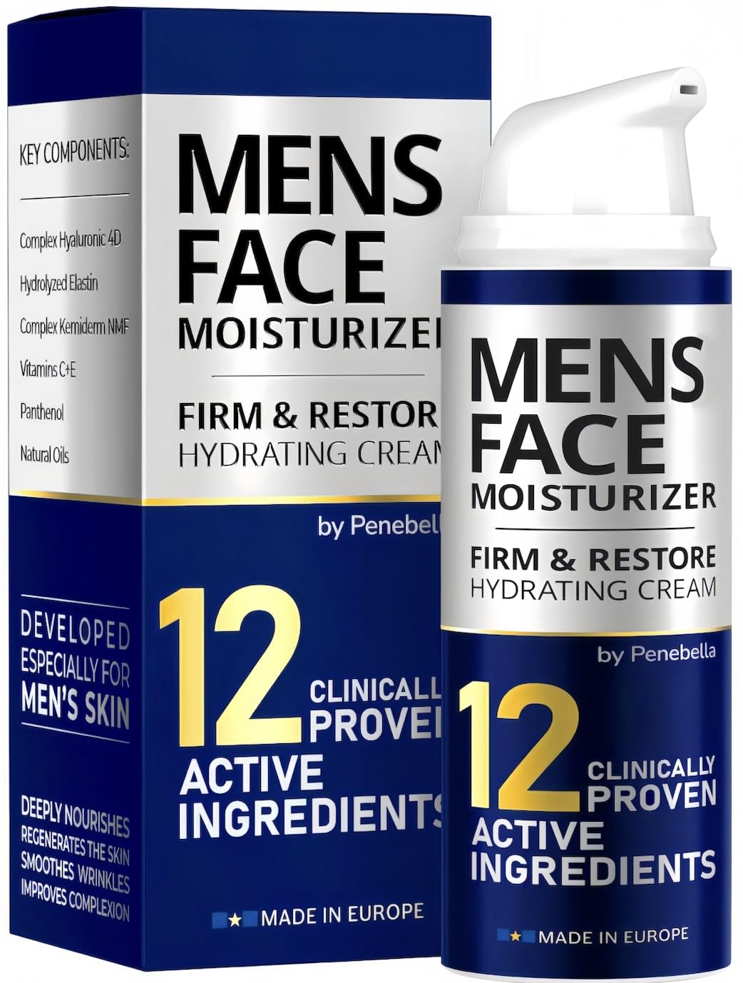 PENEBELLA Mens Face Moisturizer - Deep Hydrating & Anti Aging Mens Lotion | Made in Europe | Vitamin C+E, Elastin, Hyaluronic 4D - Mens Face Cream for Daily Use - Eye, Face & Neck Mens Skin Care