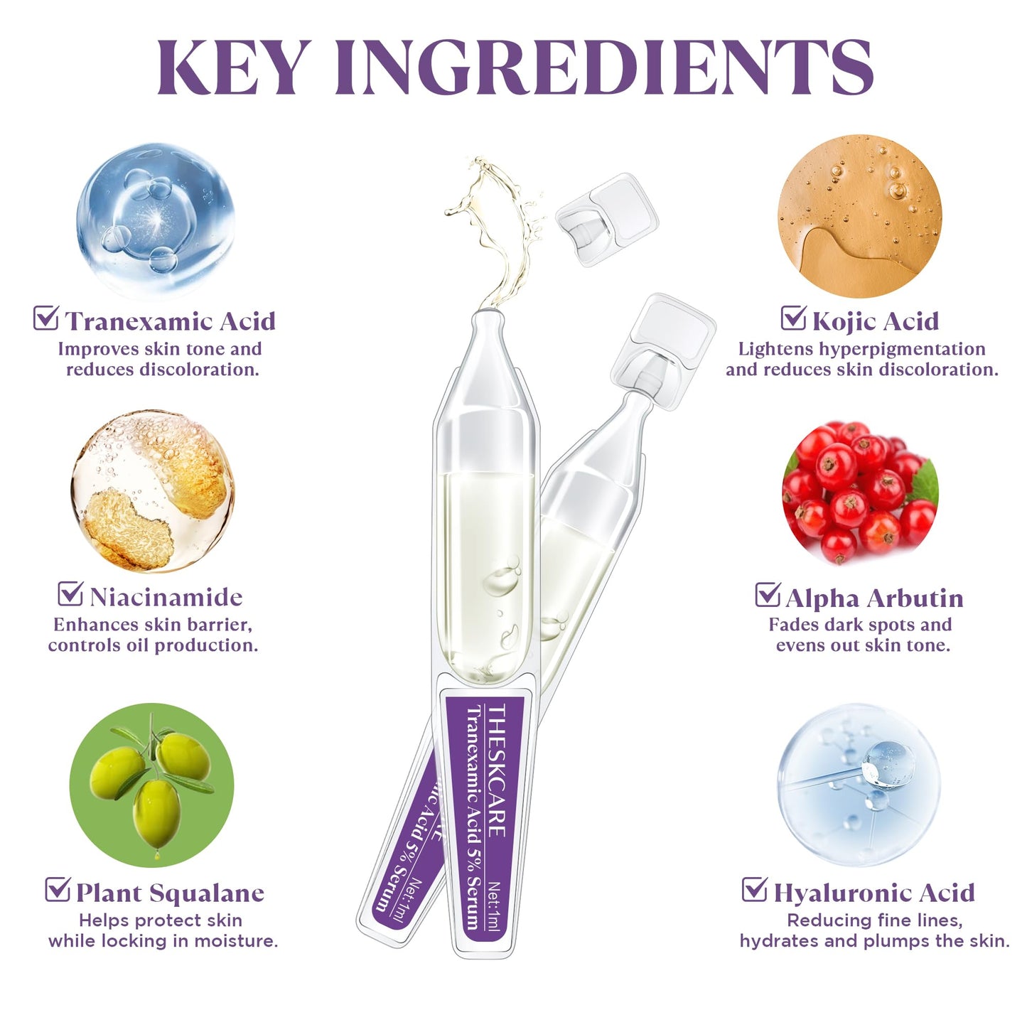 THESKCARE 5% Tranexamic Acid Serum for Face - Dark Spot Corrector for Melasma & Hyperpigmentation - Brightening Serum for Uneven Skin Tone - 30x1ml Single-Use Ampoules (30-Day Supply)