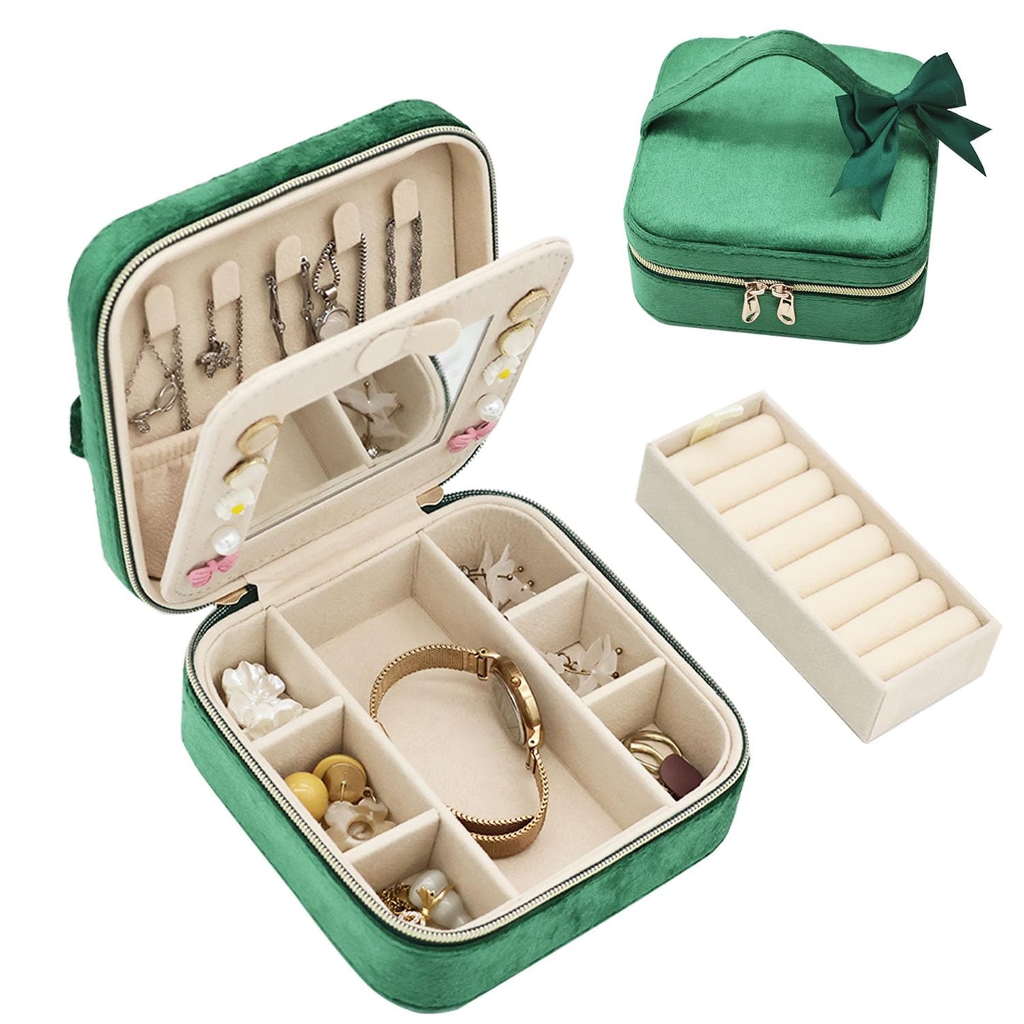 Cuifdem Travel Jewelry Case, Small Jewelry Box With Mirror, Velvet Travel Jewelry Organizer for Women, Jewelry Boxes for Women Storage Necklace Ring Earrings (Dark Green)