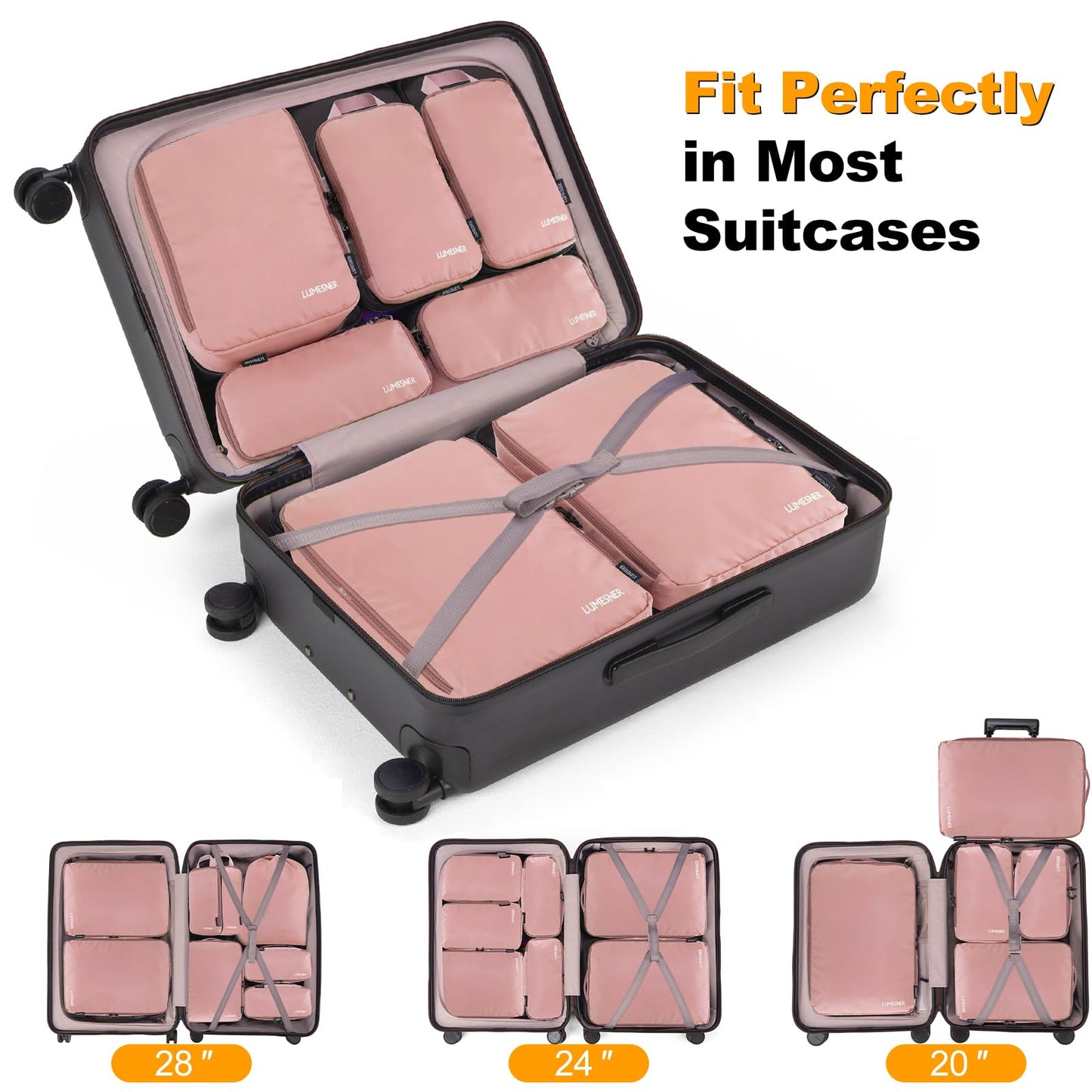 Compression Packing Cubes, Lumesner 8 Set Travel Packing Cubes for Carry on Suitcases, Compression Suitcase Organizers Bag Set & Travel Cubes (8-piece, Pink)