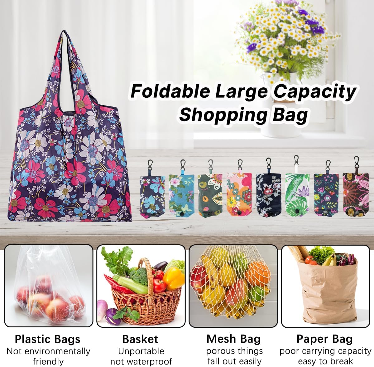 DIBALIYI 8 Pcs Reusable Floral Grocery Bags, Foldable Washable Fashion Shopping Bags, Portable Eco-friendly Tote Bag Gifts for Women, Cute Waterproof Flower Travel Recycle Bag for Supermarket (8Pcs)