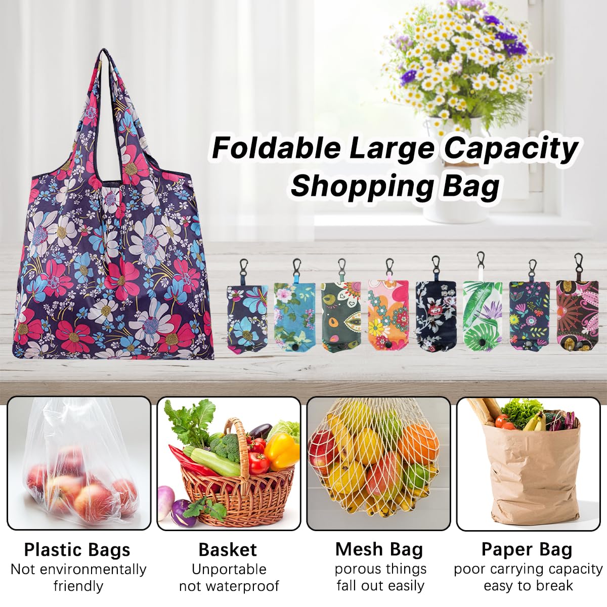 DIBALIYI 8 Pcs Reusable Floral Grocery Bags, Foldable Washable Fashion Shopping Bags, Portable Eco-friendly Tote Bag Gifts for Women, Cute Waterproof Flower Travel Recycle Bag for Supermarket (8Pcs)