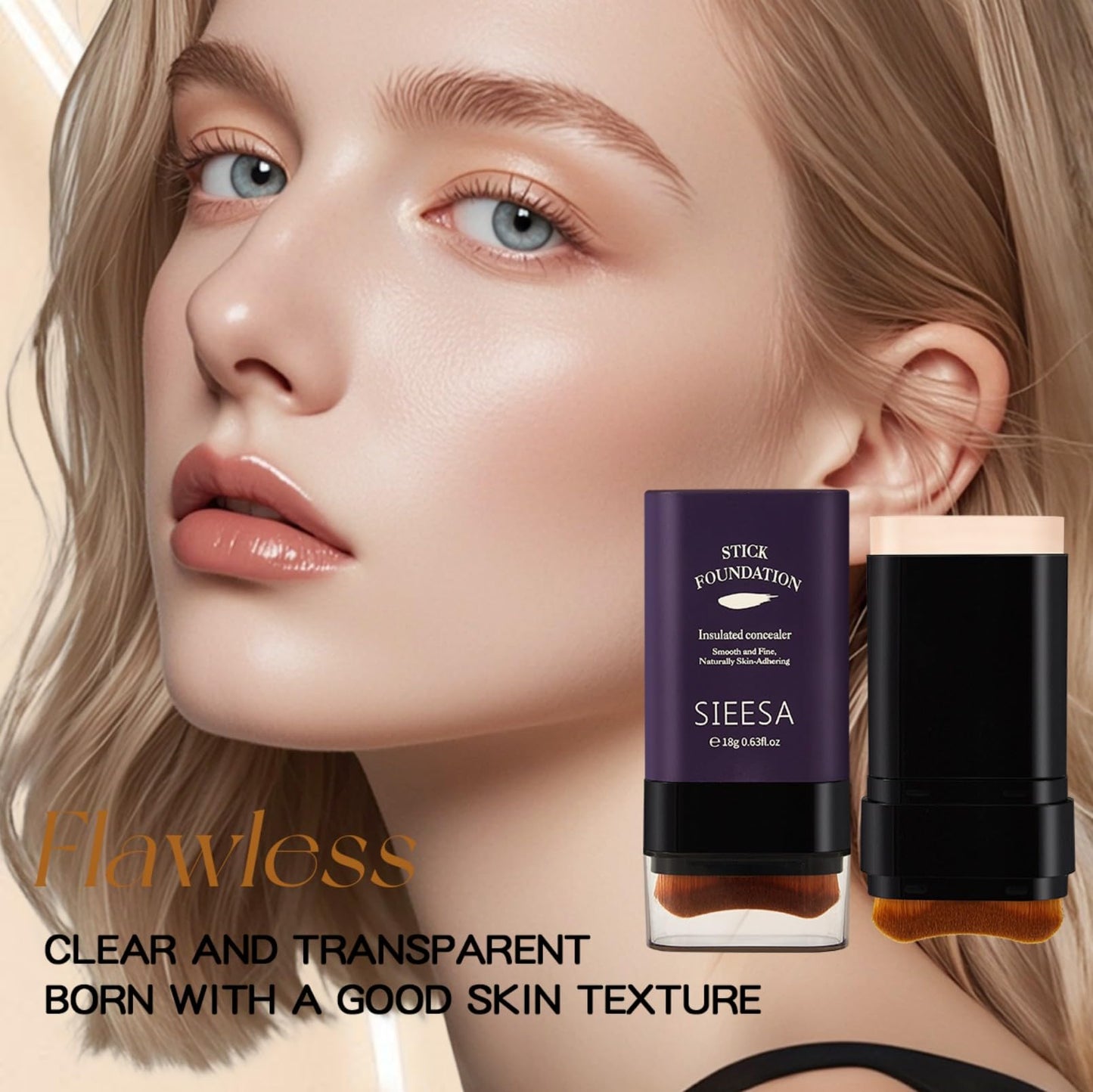 Korean Dual Ended Foundation Stick with Brush, 2 in 1 Concealer Foundation Stick & Contour Makeup, Hydrating Formula - Lightweight, Waterproof, Covers Blemishes (Natural)