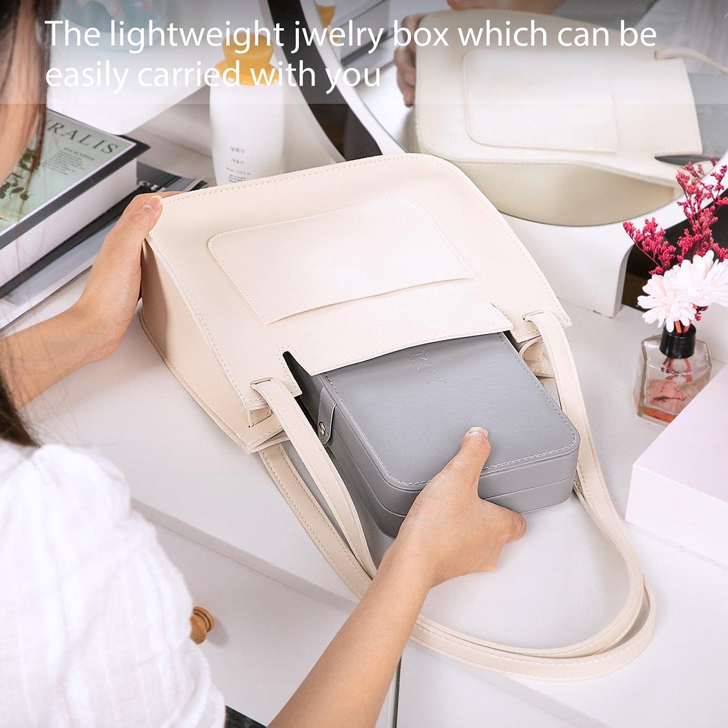 KCY Travel Jewelry Organizer Box for Women Girls, Small Travel Jewelry Case, PU Leather Portable Jewellery Storage Boxes Display Holder for Ring Earrings Necklace Bracelet Bangle, Gifts,Grey