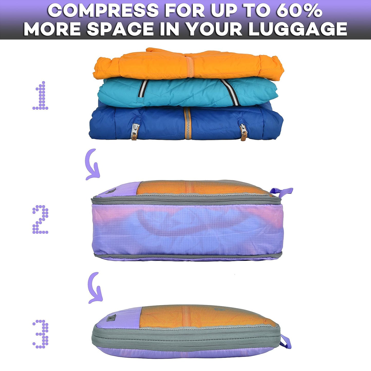 12 Pc Set Compression Packing Cubes - WONGLE His and Hers Family Travel Organizer Compressible Packing Cubes for Suitcases, Luggage Organizer Bags, Travel Accessories, Shoe Bag (Purple/Grey)