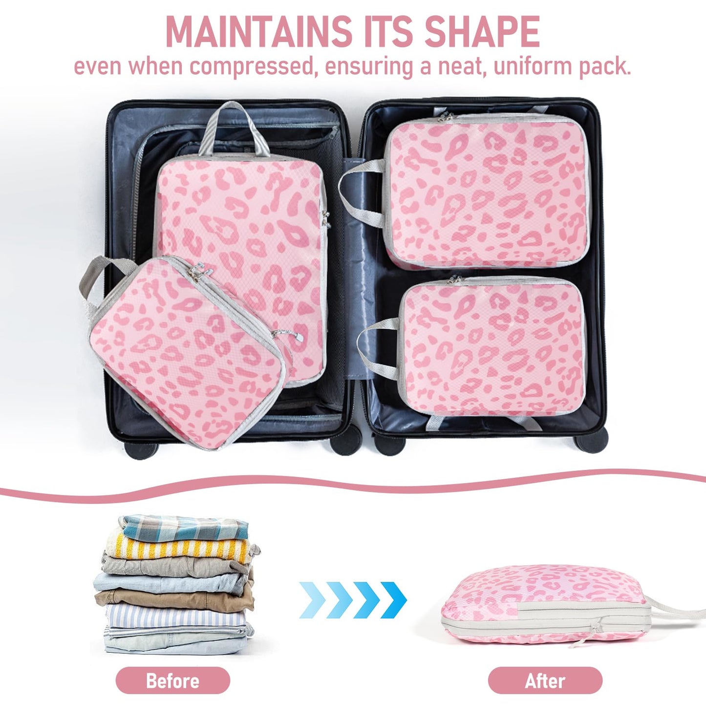 Lemoobolsa 4 Set Compression Packing Cubes For Travel Bags Organizer For Luggage Suitcase Organizer, Compression Bags For Travel Accessories Luggage Storage Set (4 Pcs, Pink Leoparda)
