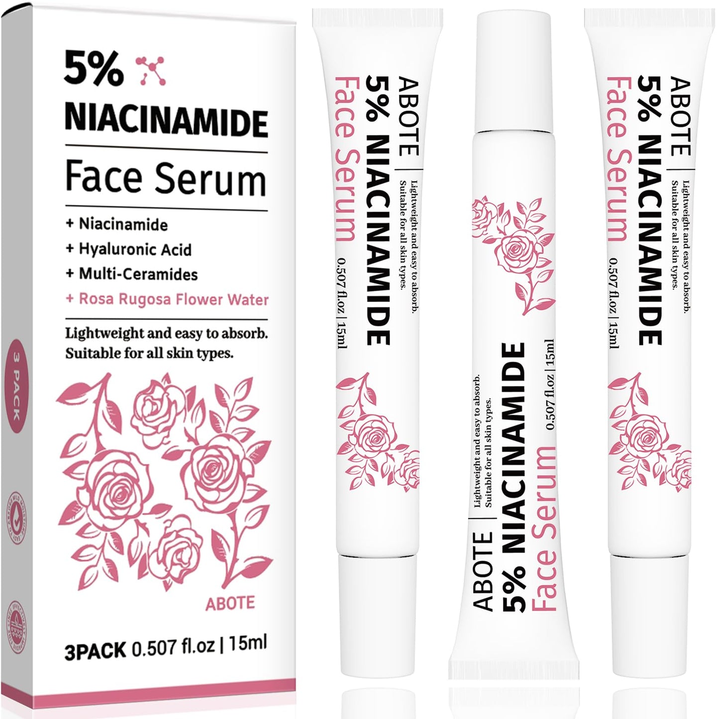 Travel Skincare 5% Niacinamide Serum with 5% Damascus Rose Water for Face Deep Hydration, Soothes Skin, Enhances Elasticity (3 Pack 0.507 fl.oz | 15ml)