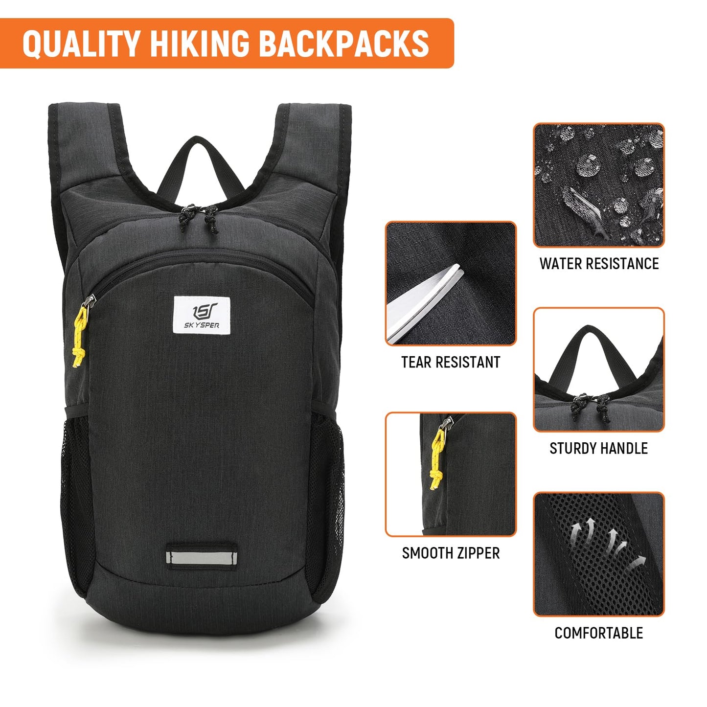 SKYSPER 10L Hiking Backpack, Foldable & Packable Lightweight Daypack for Travel, Collapsible Small Compact Hiking Backpack for Women & Men, Black