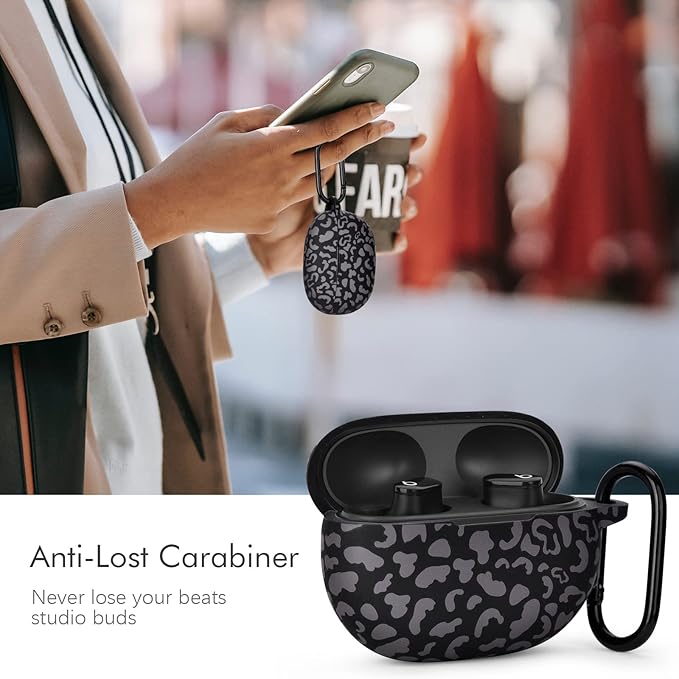 AIRSPO Silicone Case Compatible with Beats Studio Buds Case 2021 Soft Protective Cover for Beats Wireless Earbuds with Keychain (Black Leopard)