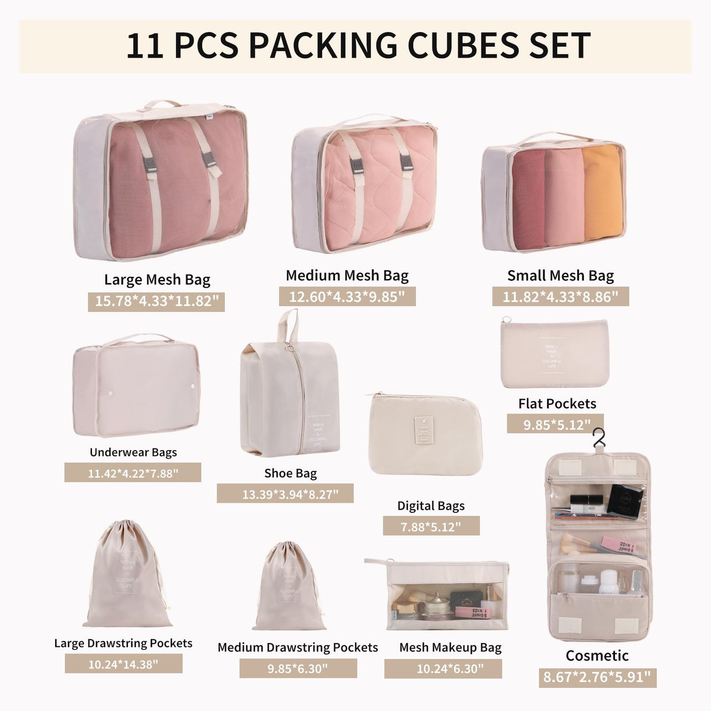 Packing Cubes Storage Bags 11 Pieces-Luggage Organizers Classify Store Clothing Efficiently for Travel Outdoor Home (Beige, 11 Pieces)