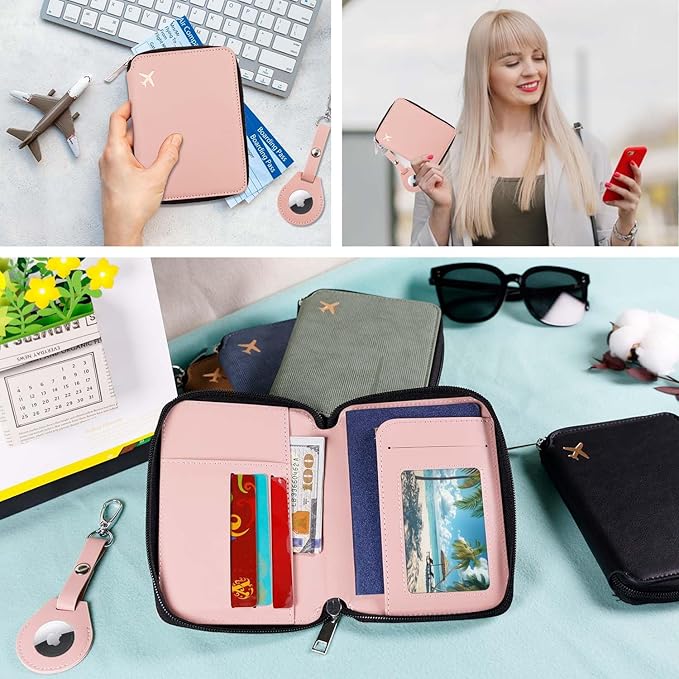 Cnycmy Passport Holder with Airtag,Passport-Wallet-Holder for Women, RFID Passport Holder with Slot Waterproof, PU Leather Travel Passport Case (Pink3)