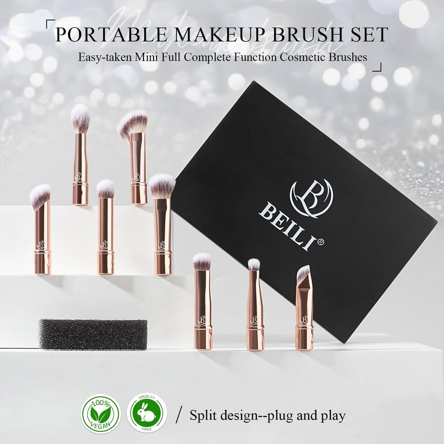 BEILI Travel Eye Makeup Brushes Set 8pcs Removable Double Sided Makeup Brush with Mirror Box & Removal Cleaner Sponge (Rose Gold)
