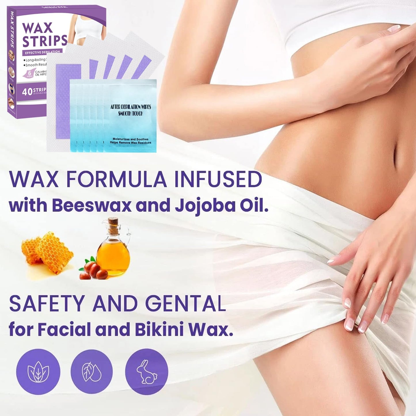 Wax Strips for Hair Removal,Waxing Strips Kit for Women Sensitive All Skin,40 Face Wax Strips & 6 Calming Oil Wipes,Waxing Kit for Women Face,Lips,Body,Legs,Bikini Line,Purple,40 Count (Pack of 1)