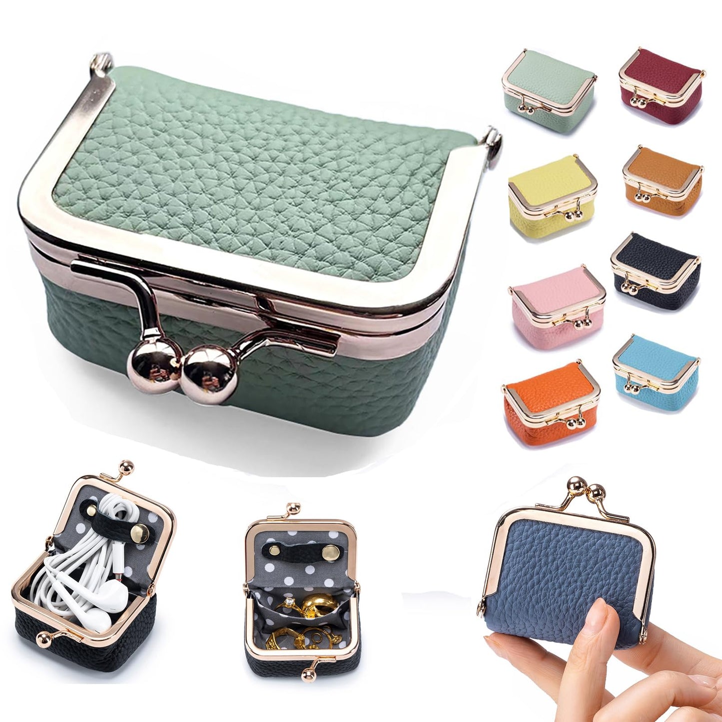 Genuine Cow Leather Mini Jewelry Box & Coin Purse for Women, Travel Jewelry Case with Kiss Lock, Holds Earrings, Rings, Necklace, Bracelet, Coins (Green)