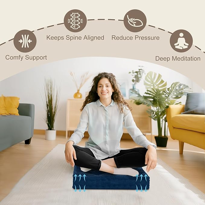 Wellsin Square Floor Pillows for Adults Kids - Meditation Floor Pillow Seating Cushion - Tufted Floor Cushion with Shredded Foam & Velvet Cover, 1 Pack, 20x20 Inch, Dark Blue