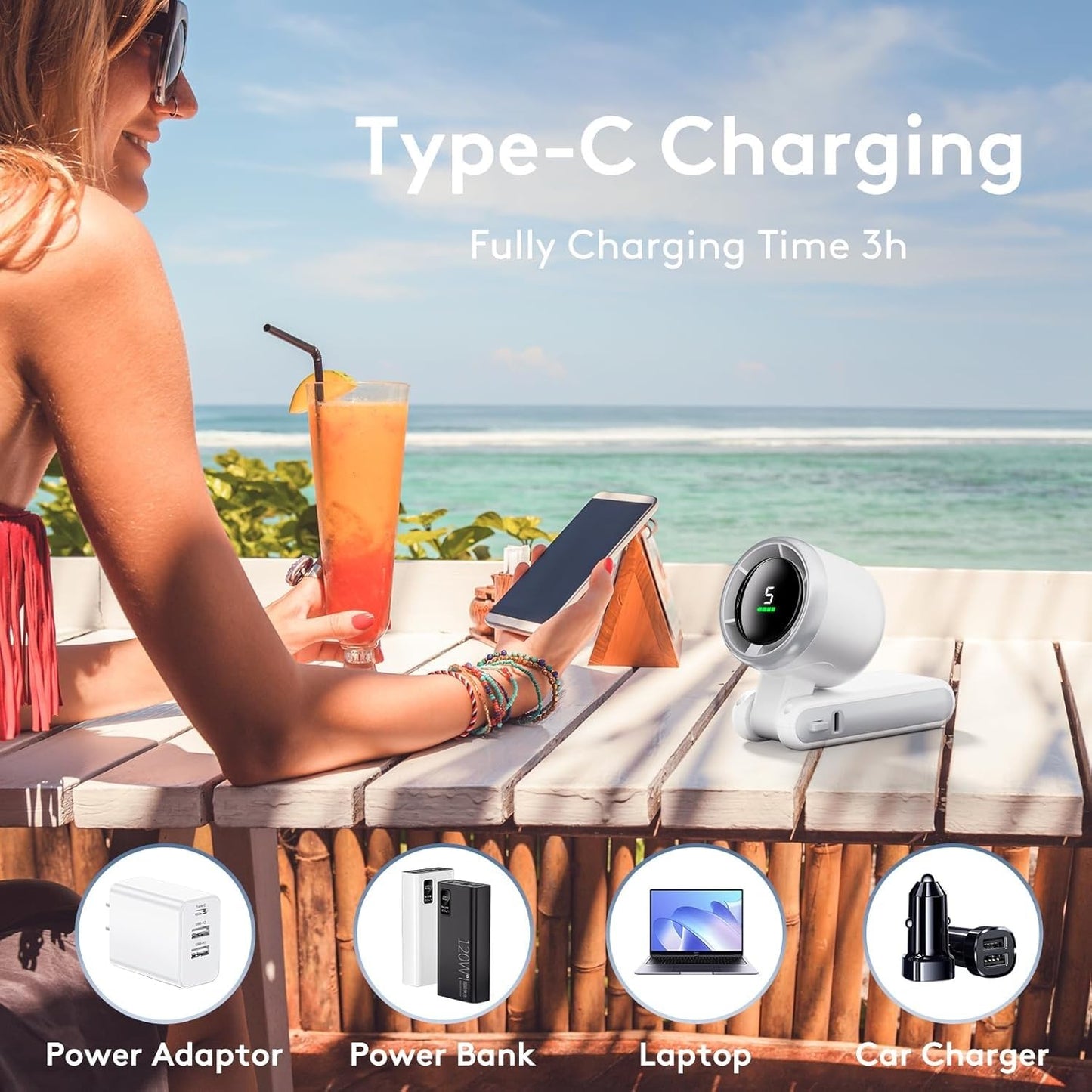 Huinechno Handheld Fan, Rechargeable Personal Fan, High-Power Motor, LED Display, Small Pocket Fans for Travel/Cruise/Beach (White)