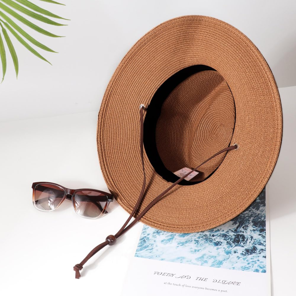 DRESHOW Womens Summer Straw Sun Hat Wide Brim Bucket Hats Fedora Hat Panama Beach Hat with Chin Strap UPF 50+