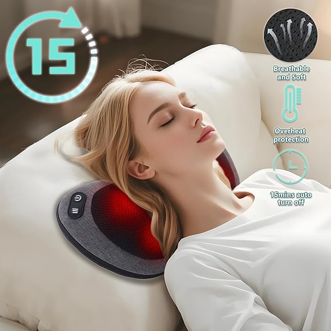 Shiatsu Neck and Back Massager with Heat - Deep Tissue Massage Pillow for Neck, Back & Shoulders Pain Relief, Ergonomic Design Electric Massager for Home, Car, Office Use, Gray