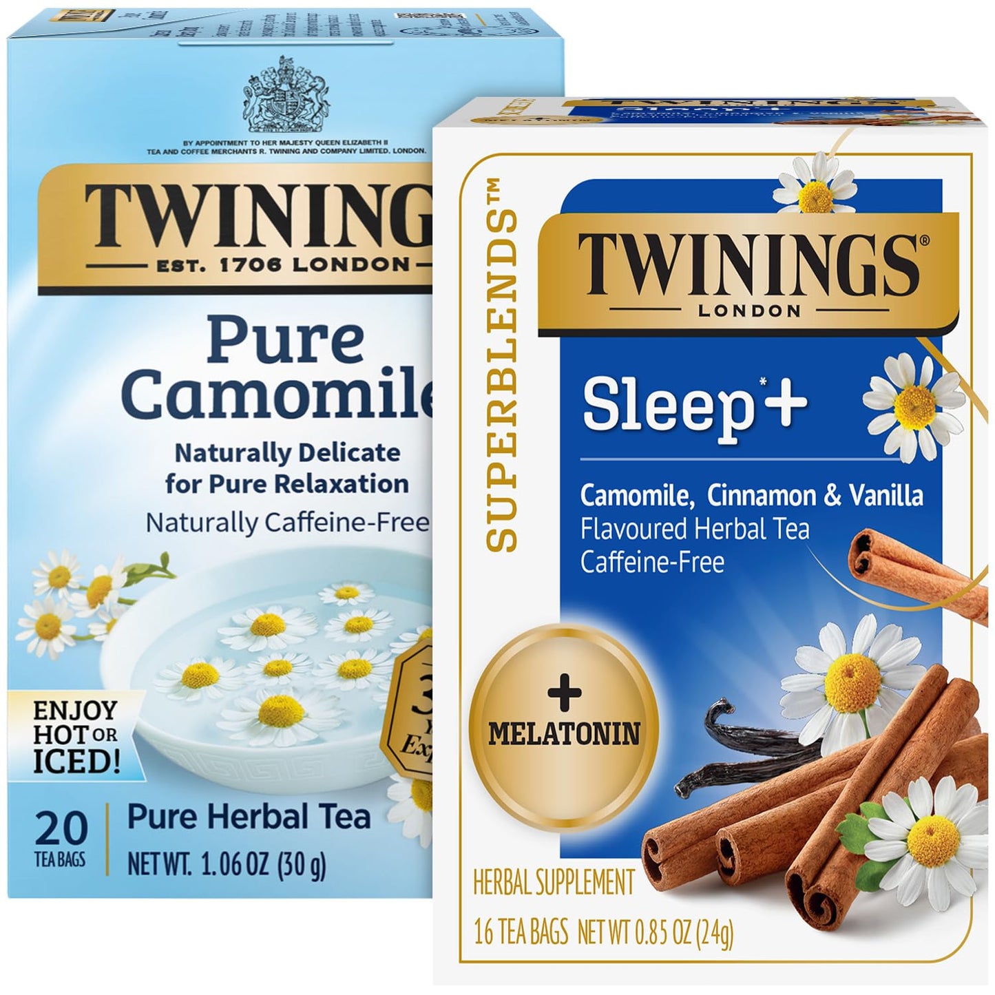 Twinings Bedtime Tea Variety 2-Pack Pure Camomile Teabags and Superblends Camomile, Cinnamon & Vanilla + Melatonin Tea, Naturally Caffeine-Free