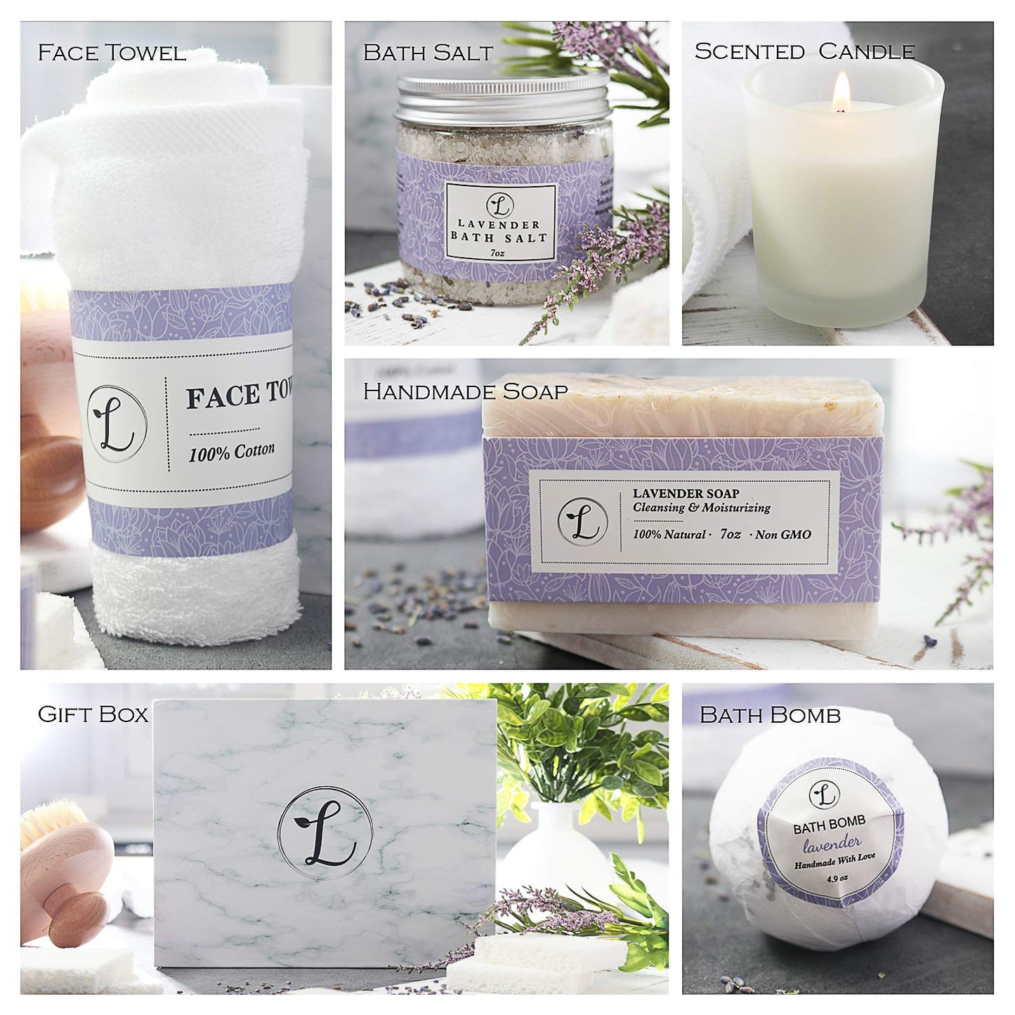 Spa Gift Set, Natural Lavender, Gift Box Includes Bath Bomb, Bath Salt, Hand Soap, Scented Candle, Face Cloth and Gift Box. Best Gift for Her (Spa Gift Set)