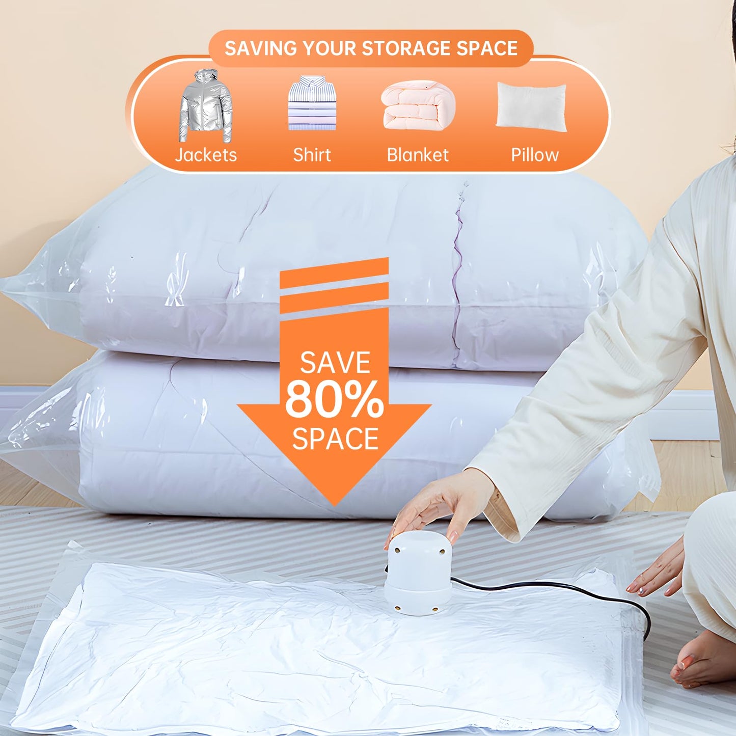 12 Pack Vacuum Storage Bags with Electric Pump, (3 Small, 3 Medium, 3 Large, 3 Jumbo) Vacuum Seal Bags for Clothing, Space Saver Bags for Travel, Luggage Compression Packing